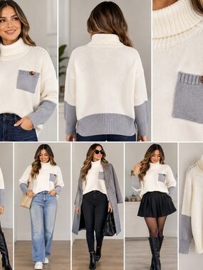 Cozy Ivory & Gray Turtleneck Colorblock Sweater